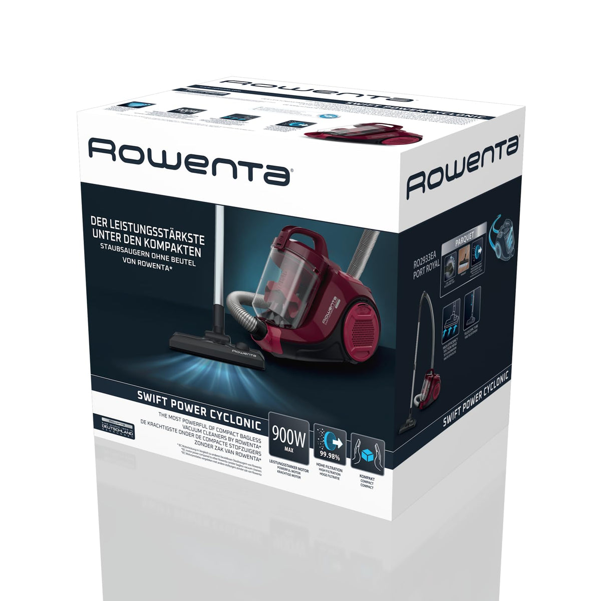 Rowenta RO2933EA, Swift Power Cyclonic Vacuum Cleaner, bagless, cyclone technology, compact design, lightweight, high-performance filter, parquet brush, Black/Dark Red, 750 W, 1.2 liters, 77 decibels. - 7211004135
