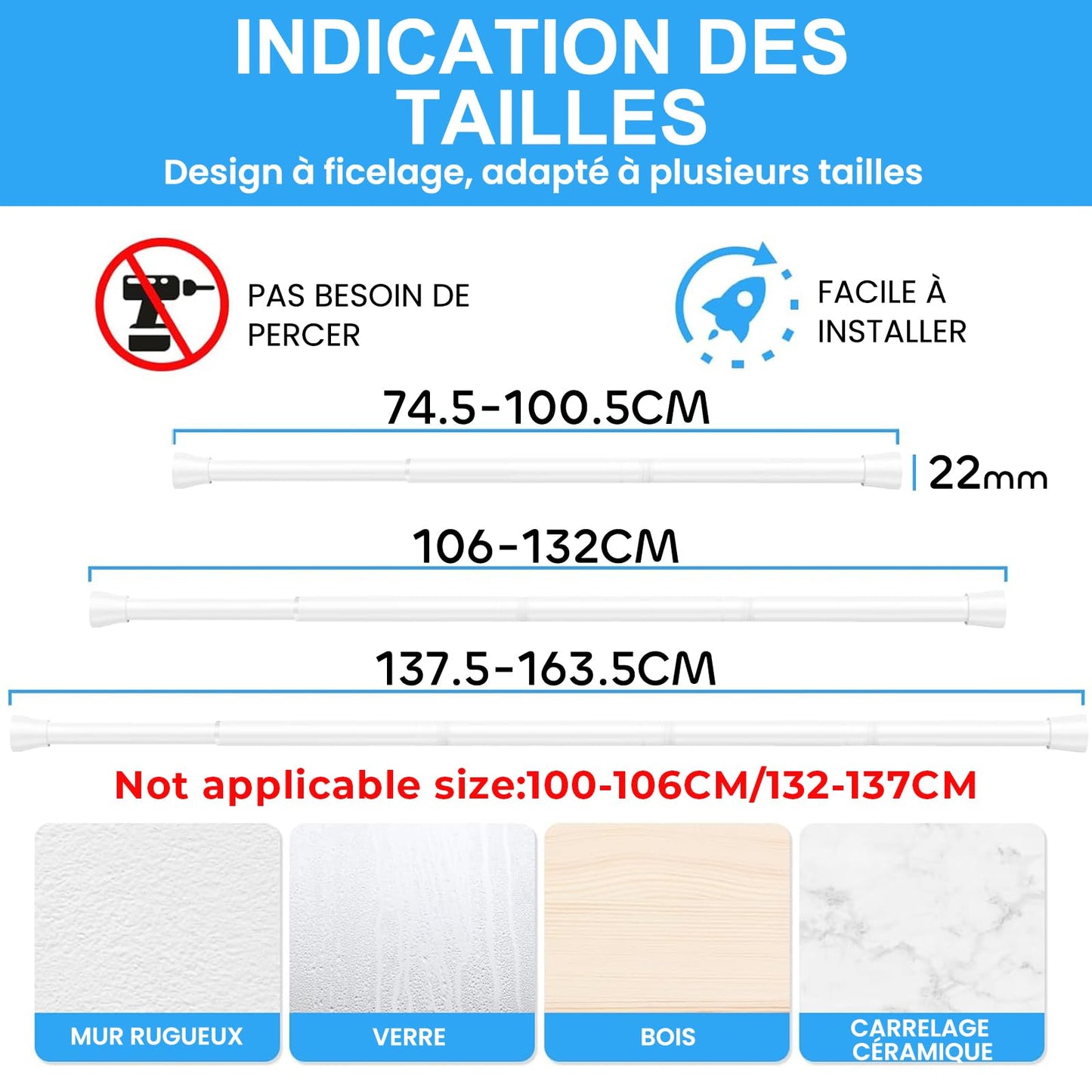 ZipGlo shower curtain rod 75-165cm extendable shower curtain rod for bathroom, window, wardrobe, no drilling, white, 1 piece, diameter 22 mm - 85-150CM