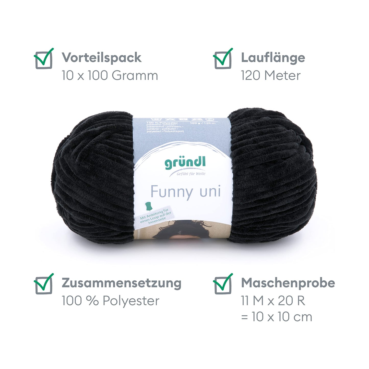 Gründl Wolle Funny uni - soft chenille wool for crocheting - cuddly and skin-friendly - 100% polyester - 10 balls 100 g / 120 m - needle size 5-6, black - 3442-17
