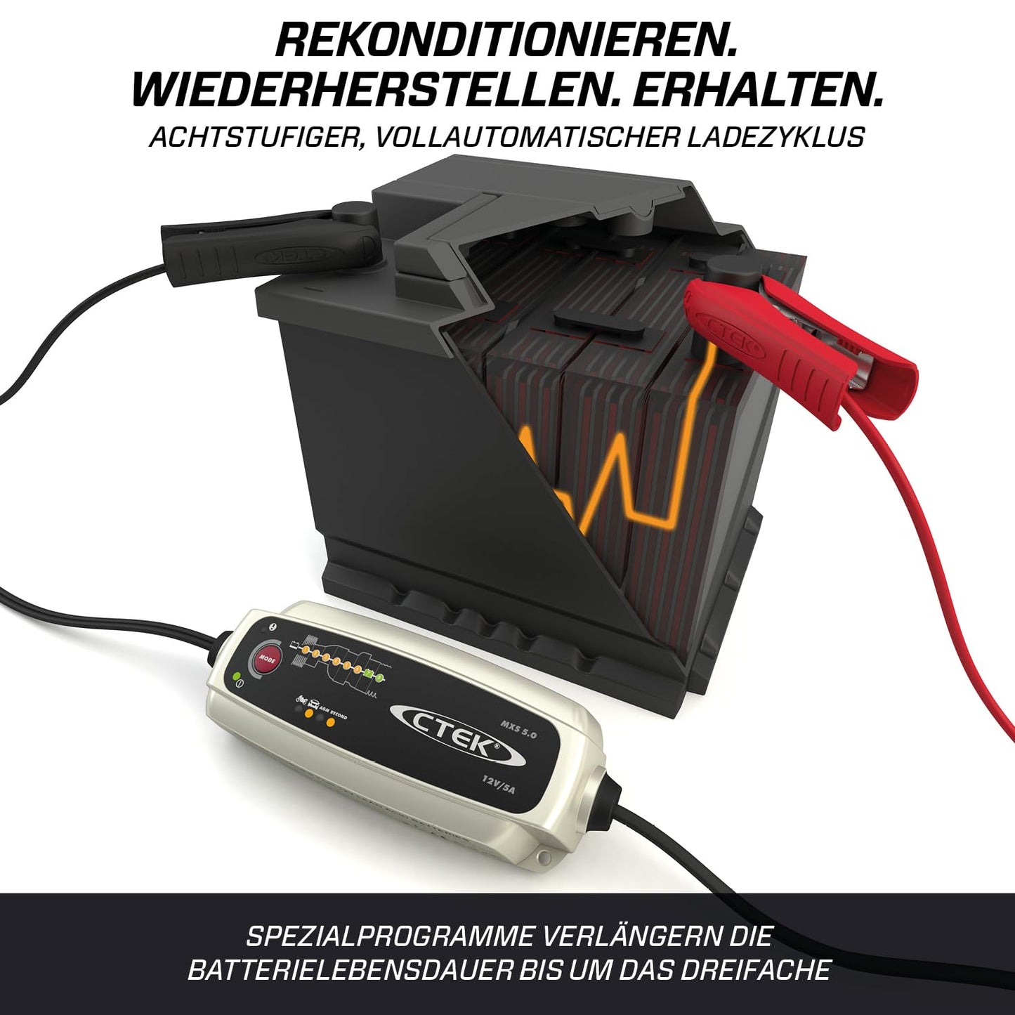 CTEK MXS 5.0, battery charger 12V, temperature compensation, intelligent car battery charger, car and motorcycle charger, battery maintainer with reconditioning mode and AGM option