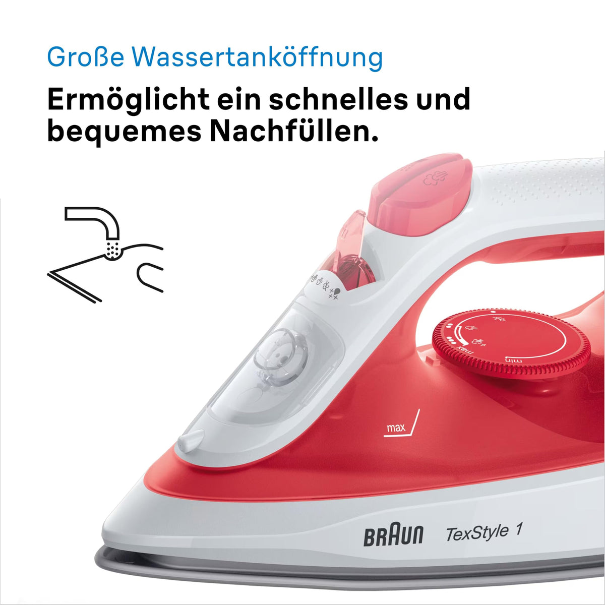 Braun Fier de călcat cu aburi TexStyle 1 SI1019RD, fier de călcat, talpă antiaderentă, 120 g/min impuls de abur, potrivit pentru apă de rețea, încălzire rapidă (35 sec.), 220 ml, 1.900 Watt, roșu
