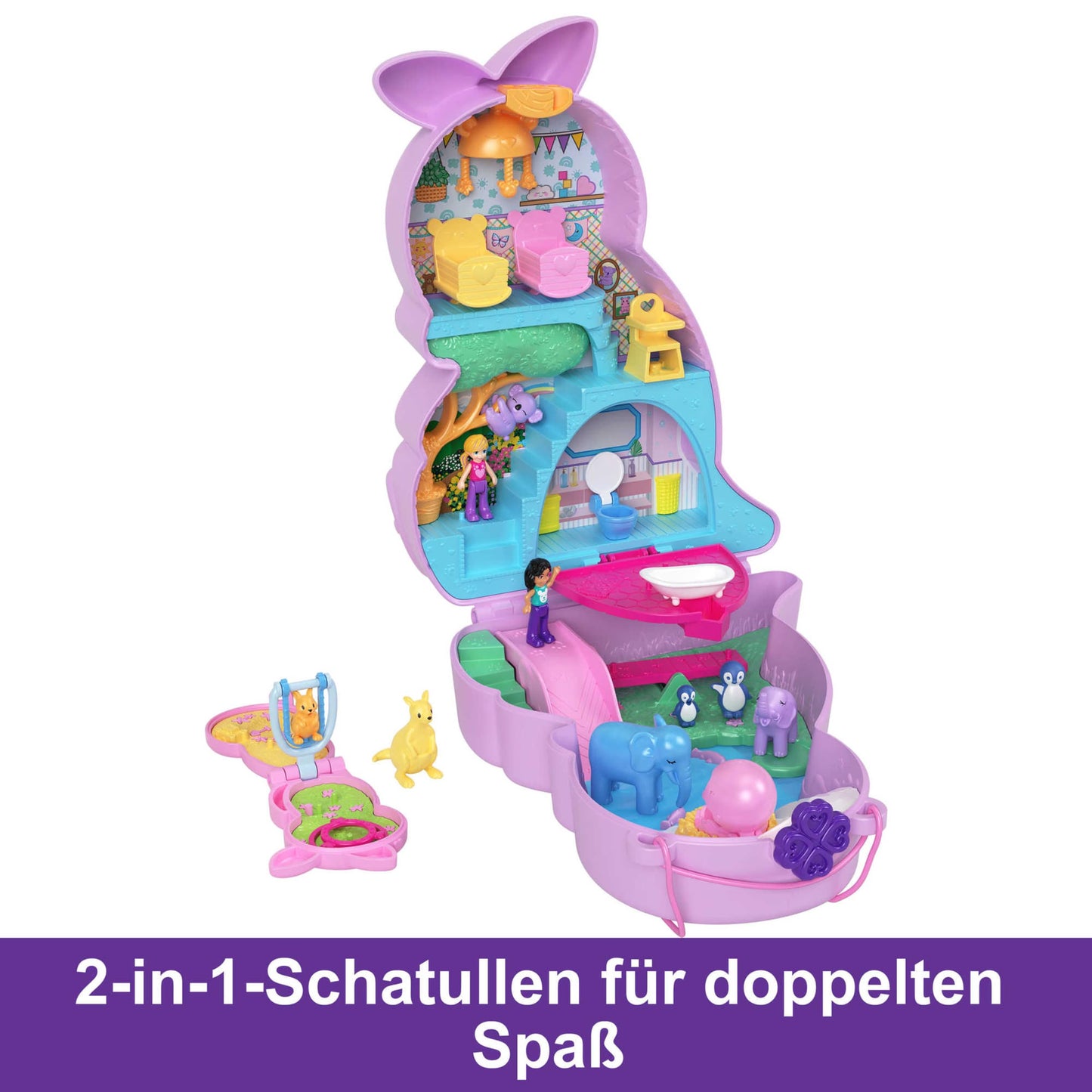 Polly Pocket Mama and Joey Kangaroo Bag - 2-in-1 Animal Nursery Playset, 2 Dolls, 7 Animals and Accessories, Includes Soft Pouch and Box, Perfect for Travel, Ages 4+, HKV50