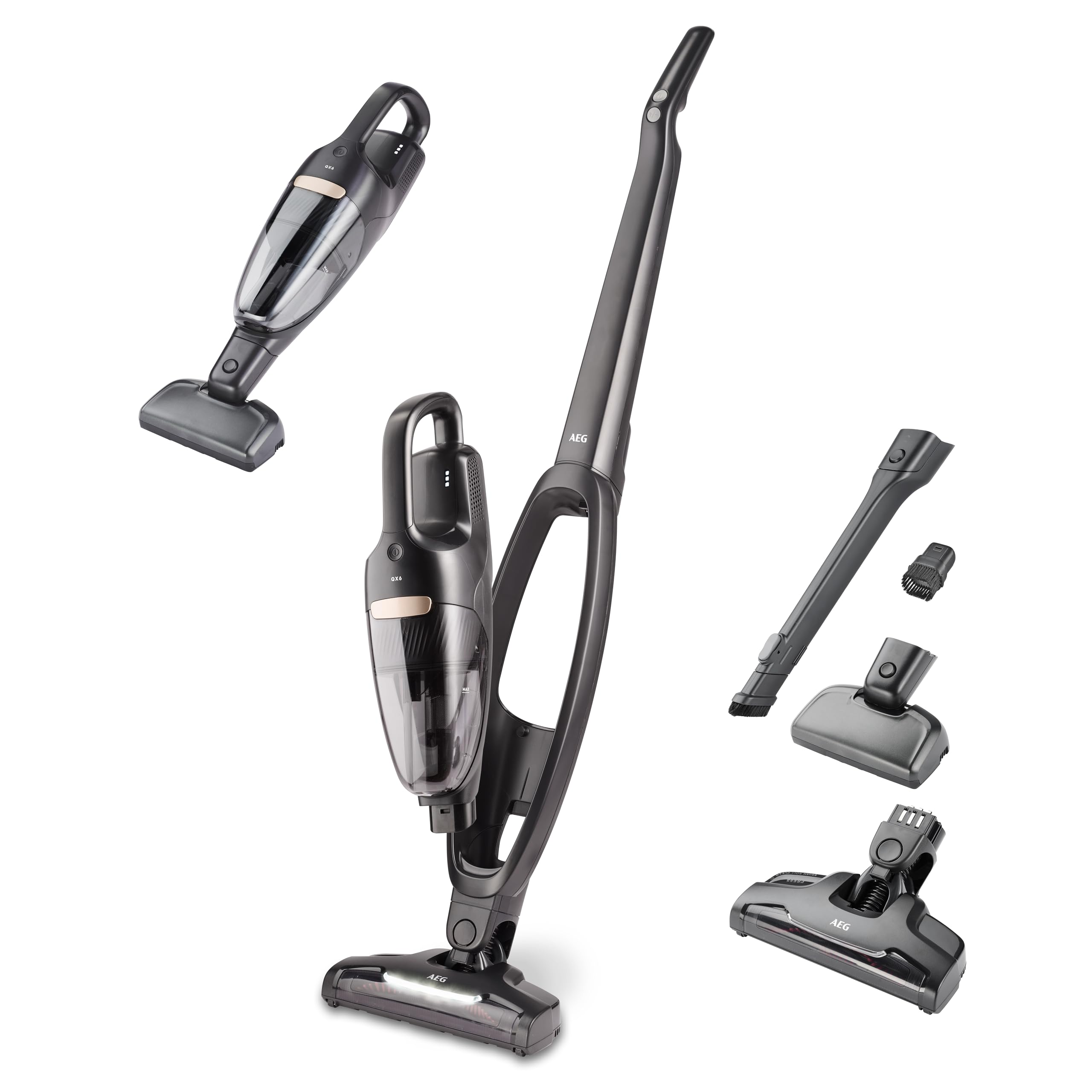 Aspirator vertical fără fir AEG QX6-1-45AN/fără sac/silențios/aspirator de mână/baterie/45 min autonomie/ușor/podele dure/2 în 1/păr de animale/câini/pisici/covoare/mașină/gri - 900402250