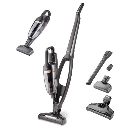 Aspirator vertical fără fir AEG QX6-1-45AN/fără sac/silențios/aspirator de mână/baterie/45 min autonomie/ușor/podele dure/2 în 1/păr de animale/câini/pisici/covoare/mașină/gri - 900402250