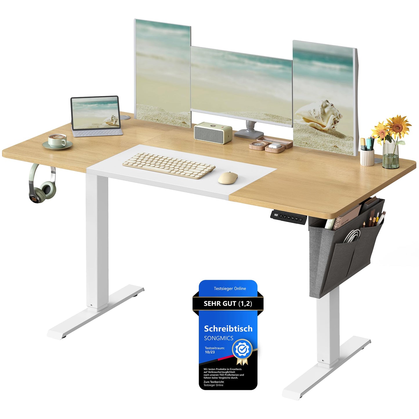 SONGMICS Electric height-adjustable desk, 140 x 60 cm, infinitely adjustable, memory function with 4 heights, natural oak color-matt white LSD016N01