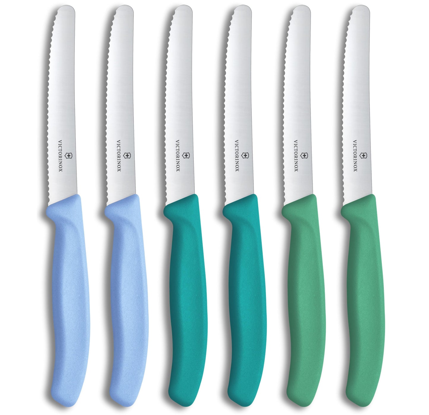 Victorinox Swiss Classic, breakfast knife, bread knife set, 6 pieces, sharp blade, serrated edge, 11cm, stainless steel, blue and green - 6.7836.6E2