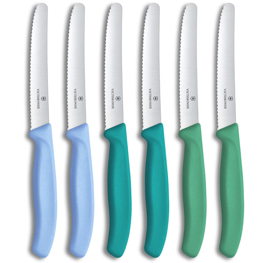 Victorinox Swiss Classic, breakfast knife, bread knife set, 6 pieces, sharp blade, serrated edge, 11cm, stainless steel, blue and green - 6.7836.6E2