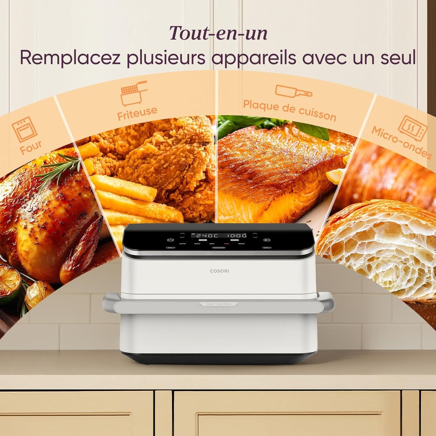 COSORI hot air fryer 2 chambers, Dual Blaze TwinFry 10L, with healthy ceramic non-stick coating, 4 heating tubes and flexible chambers, even heat distribution, up to 240°C, cream white - CAF-TF102S-AEU
