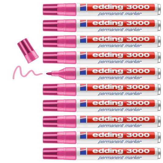 edding 3000 permanent marker - pink - 10 pens - round tip 1.5-3 mm - quick-drying permanent marker - waterproof, smudge-proof - for cardboard, plastic, wood, metal - universal marker - 4-3000009