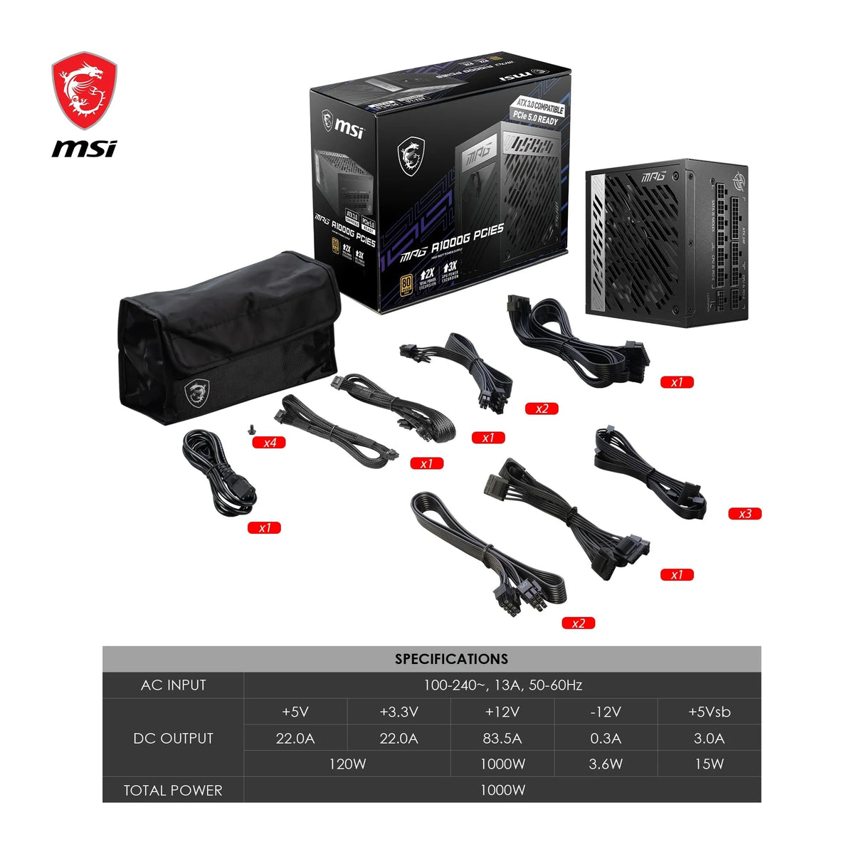 MSI MPG A1000G PCIE5 Sursă de alimentare cu conector EU, 1000W, certificat 80 Plus Gold, complet modular ATX 3.0, suportă GPU PCIe 5.0, condensatori japonezi la 105°C, mod 0% RPM, cabluri plate - 306-7ZP7C11-CE0
