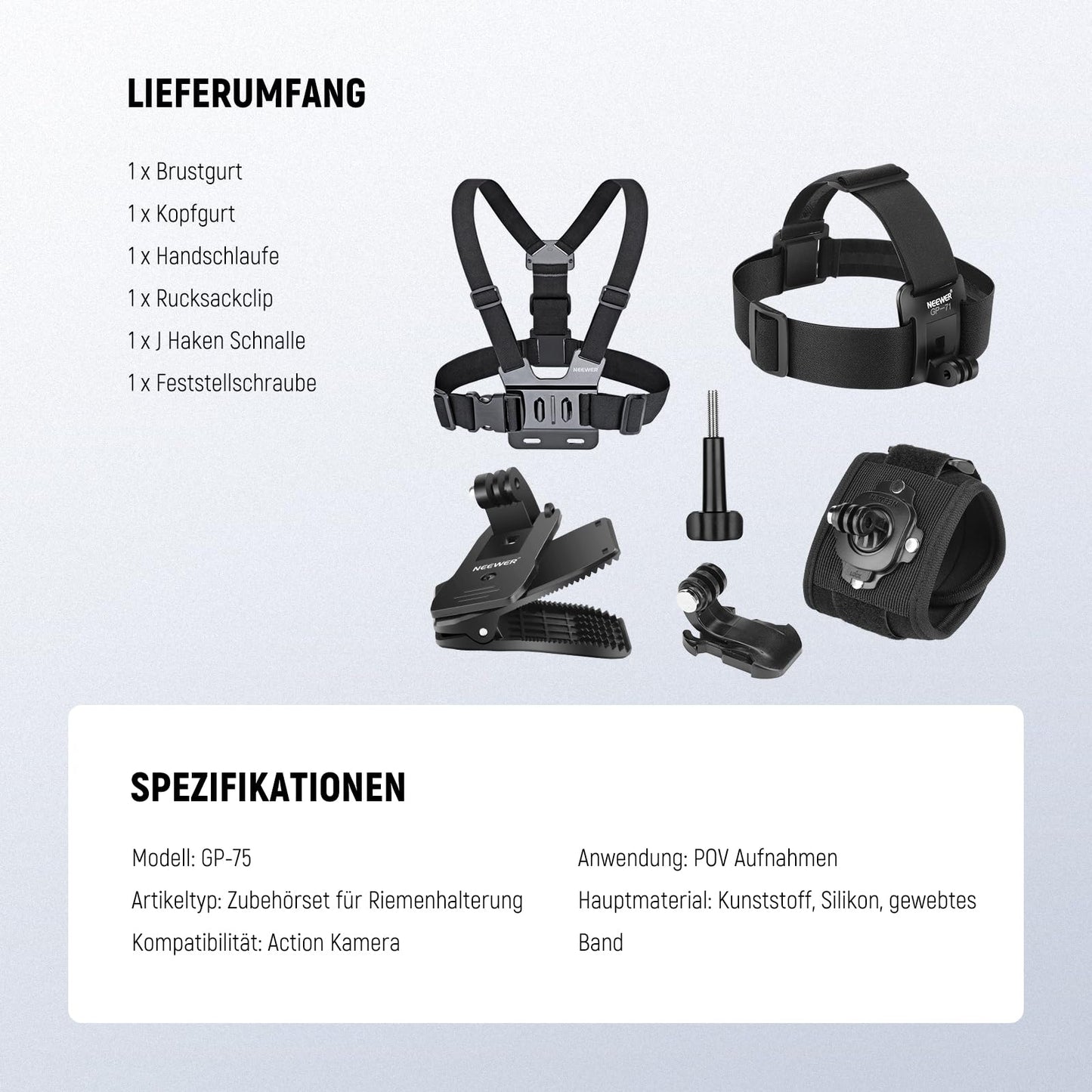 NEEWER accessory set compatible with GoPro Hero Insta360 DJI AKASO action camera, quick release head strap head strap holder, chest strap, backpack hat clip holder & 360° wrist strap for, GP-75