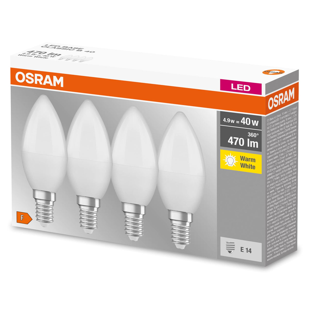 Osram LED Base Classic B, in candle shape with E14 base, not dimmable, replaces 40 watts, matt, warm white - 2700 Kelvin, 40 pack - 4058075819474
