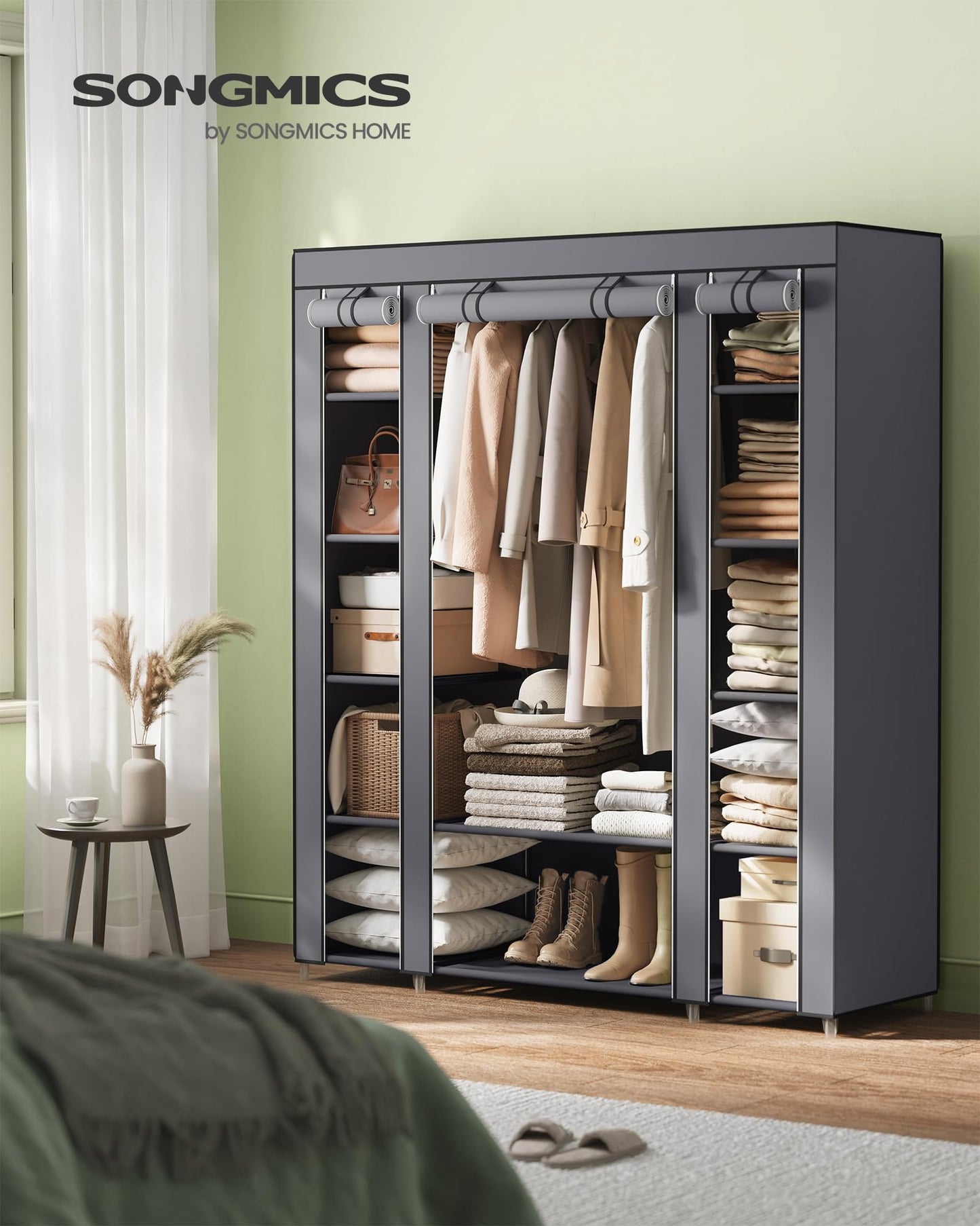 SONGMICS Wardrobe, Fabric Cupboard, 12 with Clothes Rail and Shelves, Sturdy Cupboard, for Bedroom, Dressing Room, 150 x 45 x 175 cm, Gray LSF03G