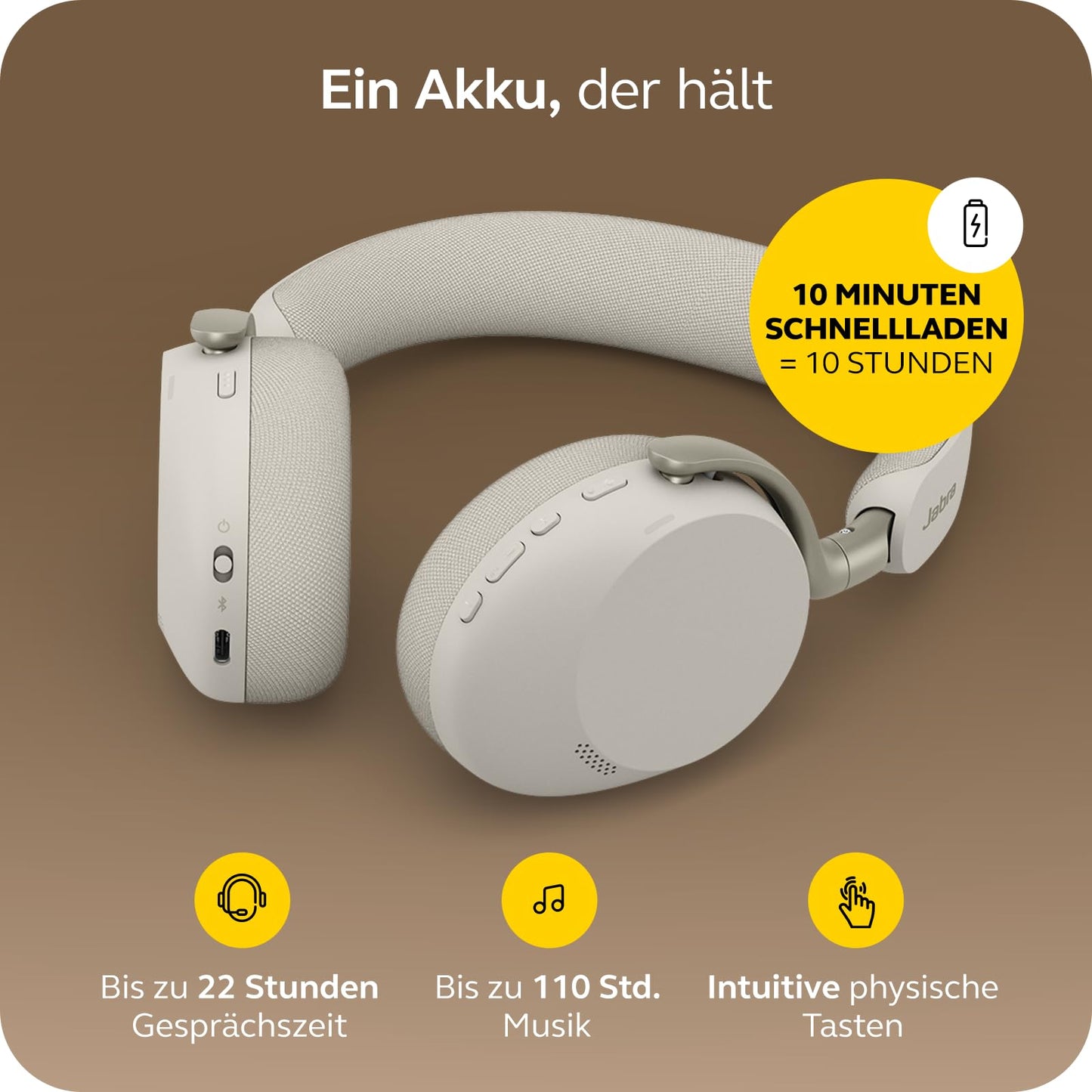 Jabra Evolve3 75 on-ear Bluetooth headset wireless with microphone for office, USB-C, AI voice call, advanced active noise cancellation, 22h battery, for online meeting apps, warm gray - 37599-989-898