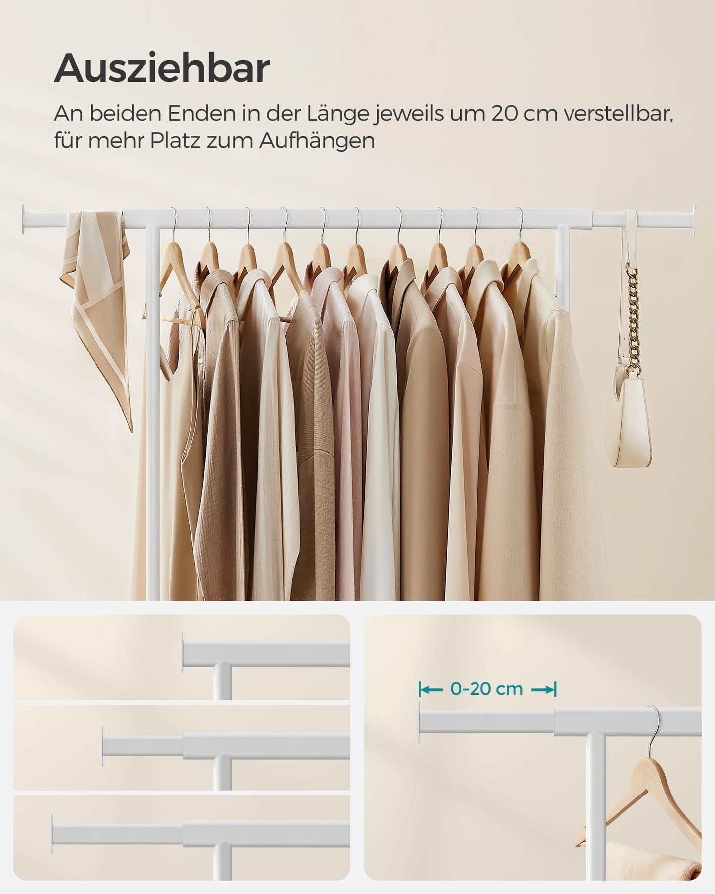 SONGMICS clothes rack on wheels, heavy-duty coat rack, extendable clothes rail, loads up to 100 kg, easy assembly, transportable, white HSR013W01