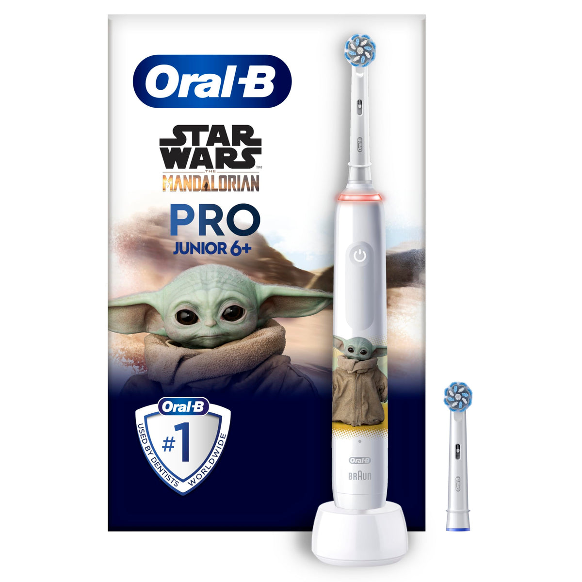 Oral-B Pro Junior Star Wars Electric Toothbrush for kids aged 6 and up, 2 replacement brush heads, 360° pressure control, 2 brushing modes including sensitive for dental care, soft bristles, white - 8006540957196