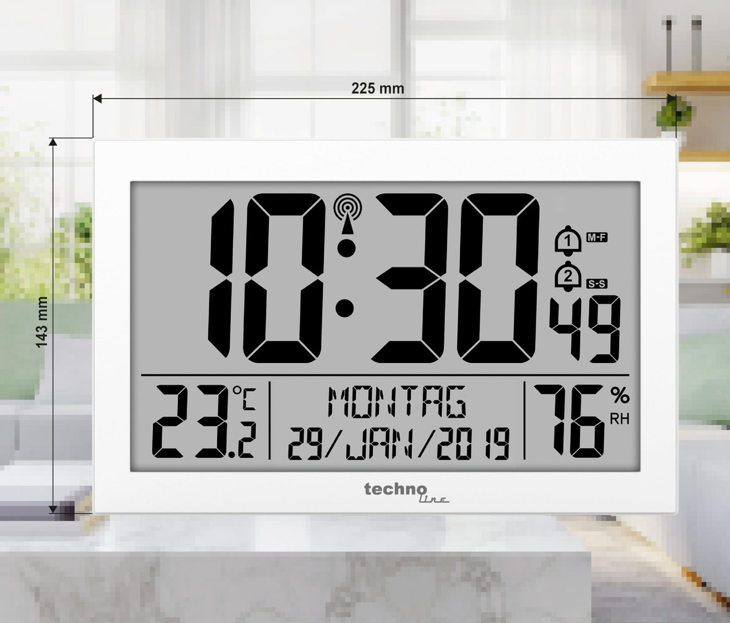 Technoline WS 8016 digital radio wall clock with DCF radio clock | Temperature & Humidity | 2 alarms | calendar | large LCD display | Wall or table clock | white - WS8016WEISS