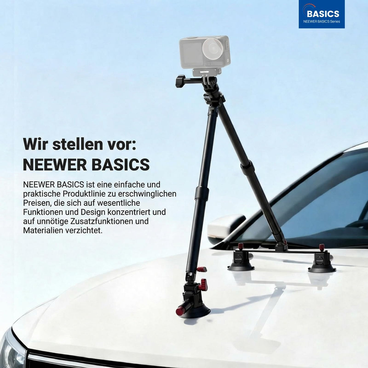 NEEWER Triple Suction Cup Mount Car Set, Two 24" Extension Rods Made of Aluminum Alloy, NATO Rail, Action Camera Adapter Compatible with GoPro DJI Insta 360, Max Load 2.2 lb, CA166