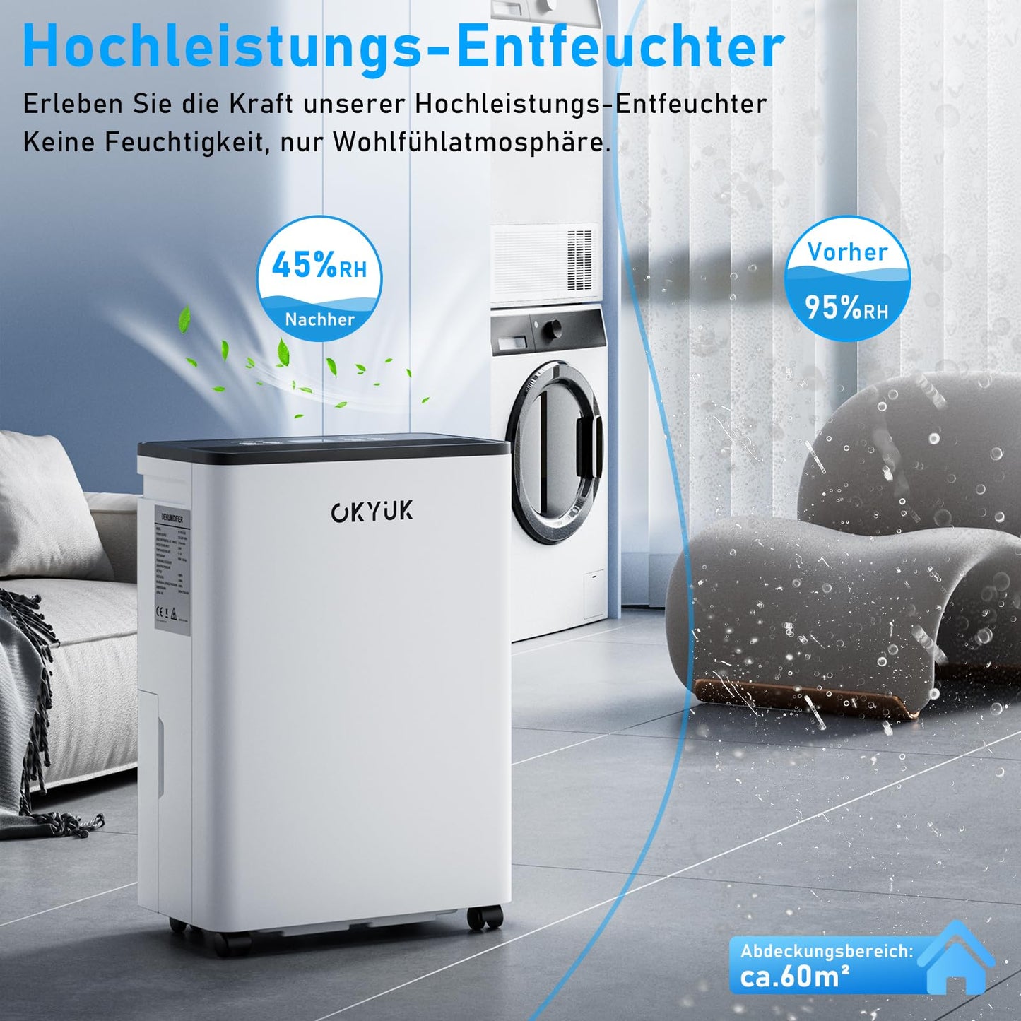 OKYUK Electric Dehumidifier 10L with Digital Humidity Display, 32dB Quiet 25m², with Automatic Switch-Off, for Motorhome, Bathroom, Basement, 1 Year Exchange/10 Year Warranty (10L White) - PD10R-03BE