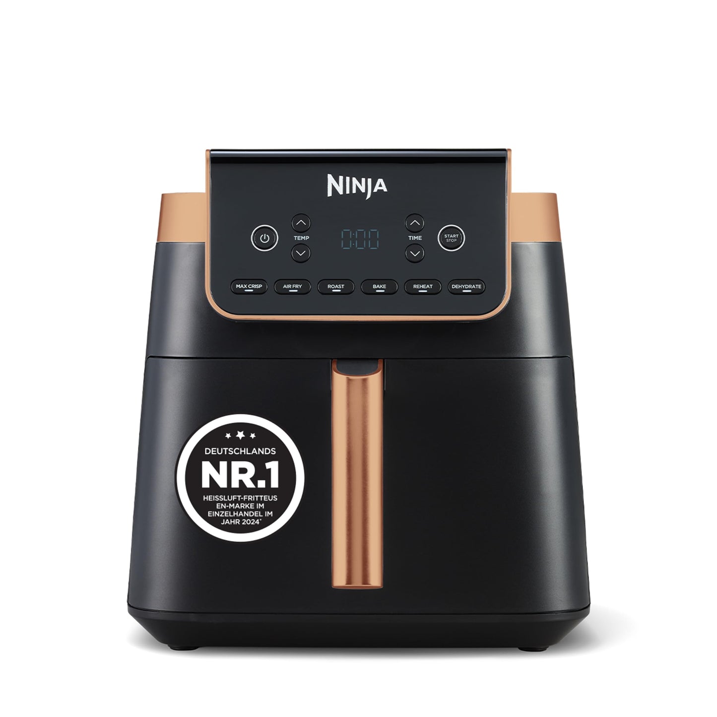Ninja Air Fryer MAX PRO, 6.2L, Oil Free, Large Drawer, Roasting, Baking, Air Fry, Non-Stick, Dishwasher Safe Basket & Crisper Grid Insert, Silicone Tongs, Black/Copper, AF180EUCP