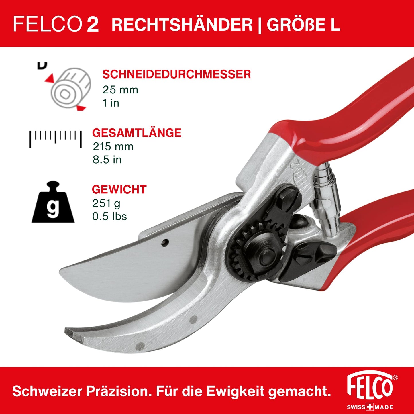FELCO 2 Professional Right Handed Bypass Pruning Shears, 41mm Hardened Steel Blade, Forged Aluminum Handles, Heavy Duty Tool for Medium to Large Hands, 25mm Cut, Swiss Made - F-2