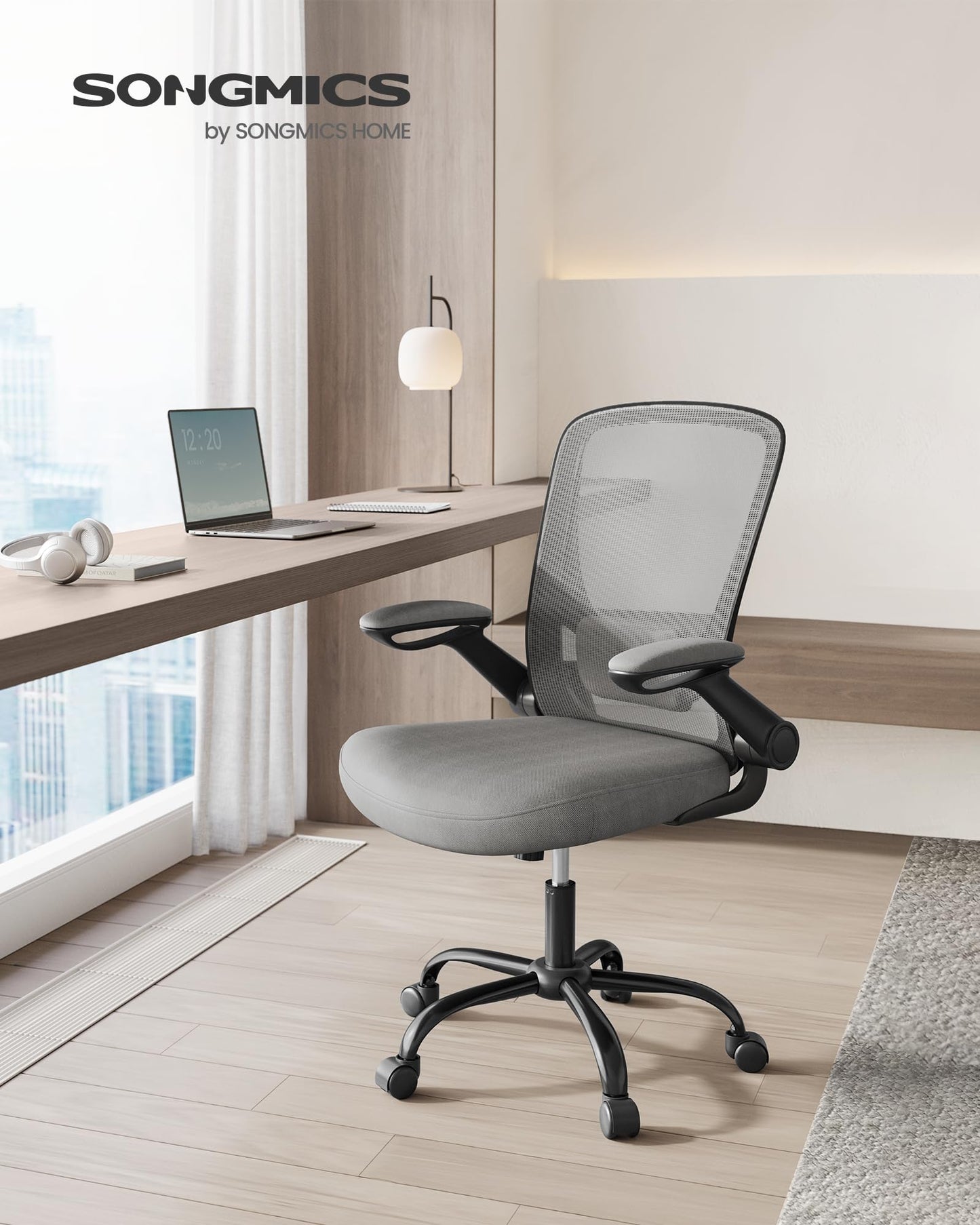 SONGMICS ergonomic office chair, swivel chair with mesh, lumbar support, rocker function, 53 cm seat, folding armrests, study and bedroom, students, dove gray OBN037G01