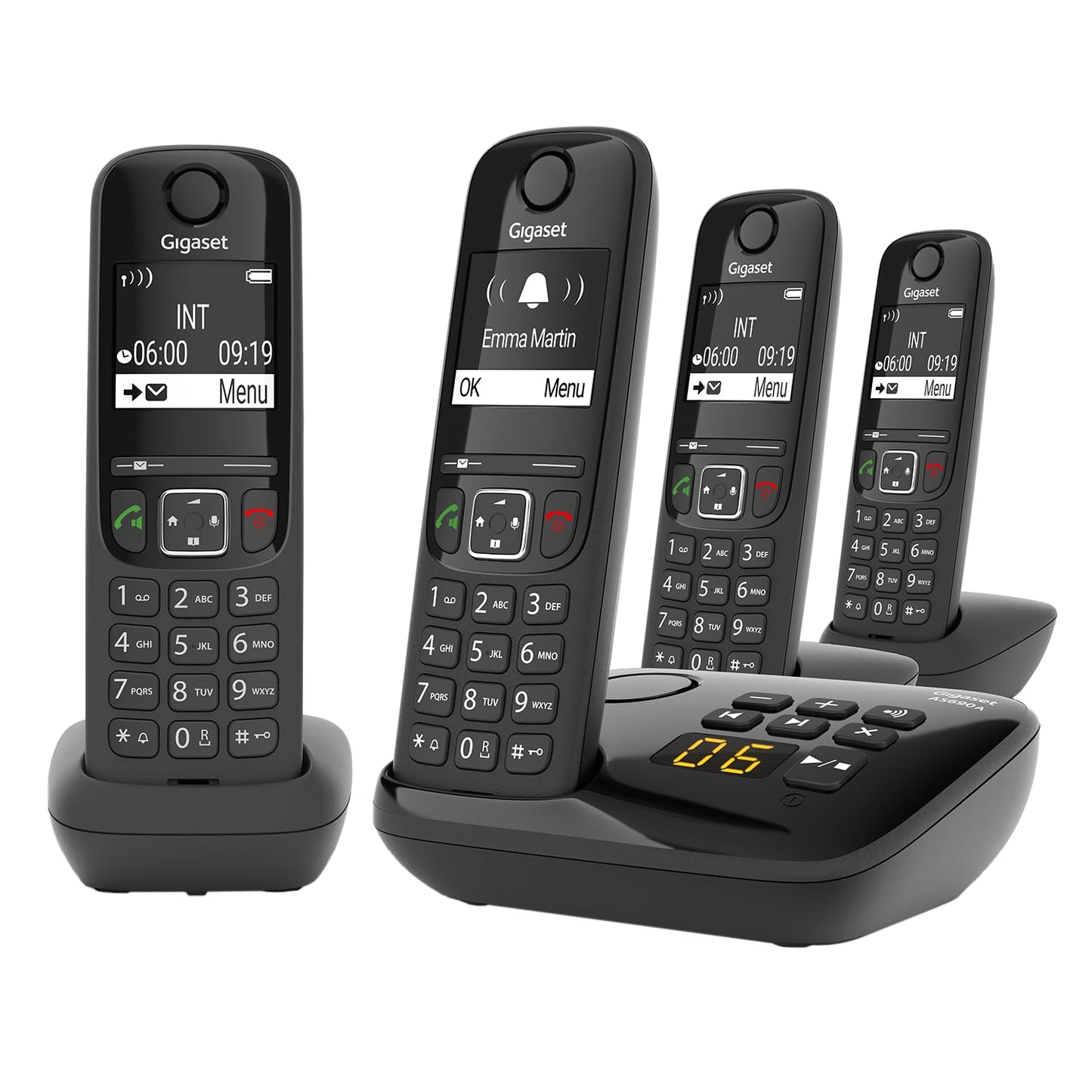 Gigaset AS690A Quattro - 4 cordless DECT telephones with answering machine - easy-to-read contrast display - brilliant audio sound - easy to use - do not disturb, black [German version] - 83167