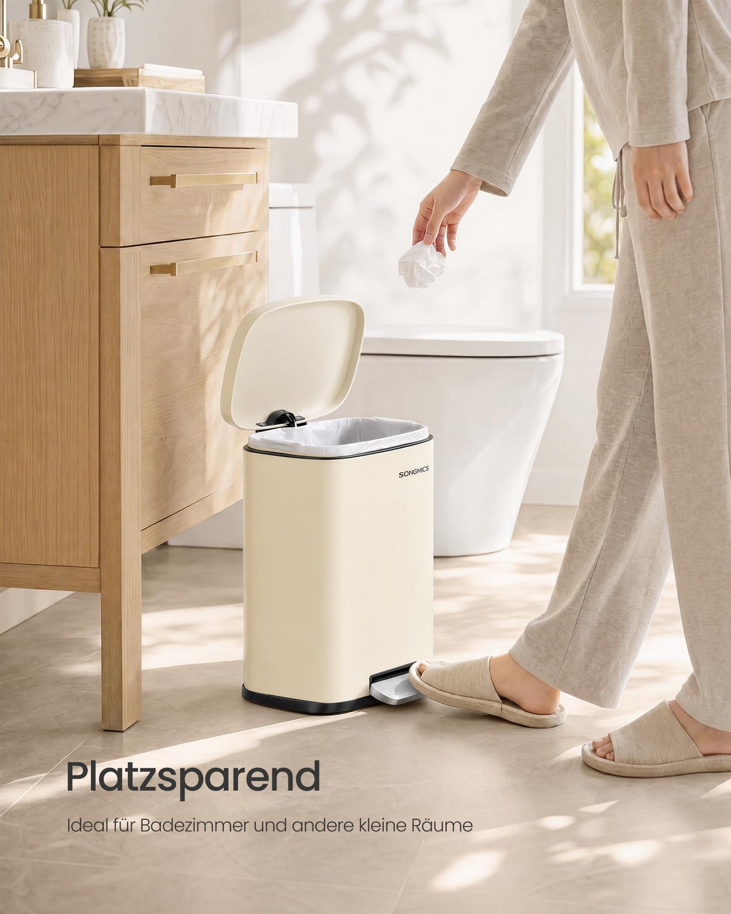 SONGMICS Trash Can, Pedal Trash Can Made of Steel, Trash Can with Lid and Inner Bucket, 12 L, 38.4 x 28.6 x 25.2 cm, Small Cosmetic Bin for Bathroom, Beige, PLUSHIC Collection LTB112LZ02