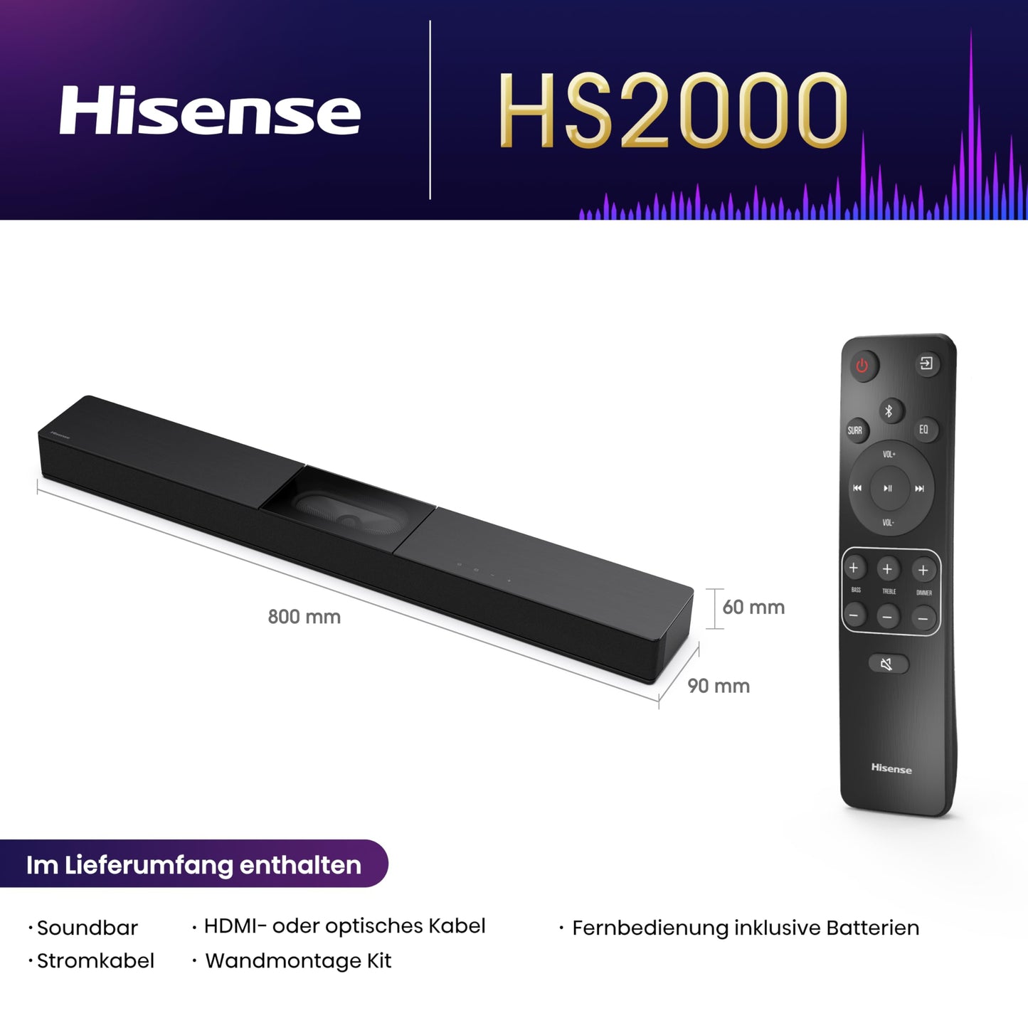 HS2000, 2.1 channel soundbar, visual built-in subwoofer, 240W max audio power, Dolby Audio, DTS Virtual:X, TV mode, EzPlay - Hisense