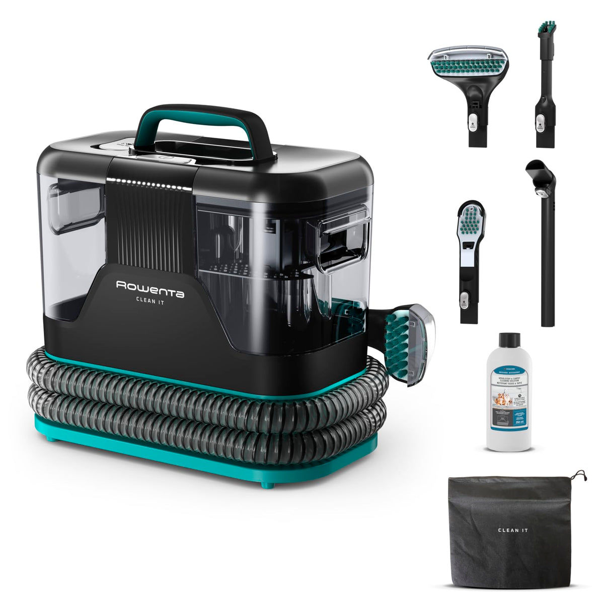Rowenta Clean It Stain Remover, portable carpet cleaner, quick and easy cleaning, removable 2.3-liter tank, interchangeable cleaning heads, 750 watts, Green, Black, IN5020F0