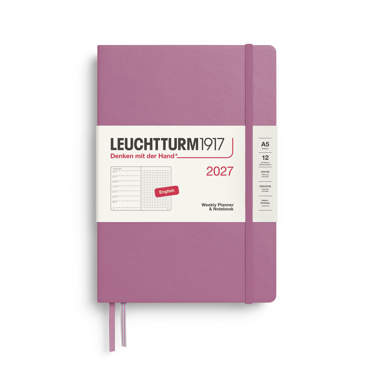 LEUCHTTURM1917 calendar săptămânal 2027 punctat mediu (A5) cu caiet, punctat - planificator de întâlniri engleză, Dusty Rose, copertă cartonată, ianuarie-decembrie 2027, prezentare săptămânală în stânga + pagina de note în dreapta - 400258