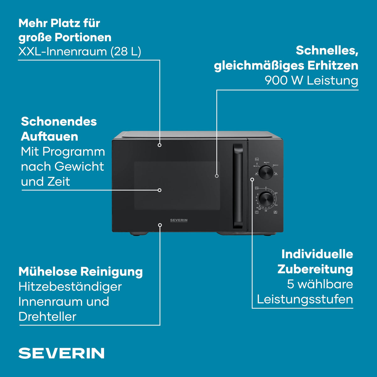 Severin Solo Microwave, for defrosting and heating, XXL interior, 28 L, microwave device with removable glass turntable, 5 power levels, 35-minute timer, 900 W, black, MW 7796