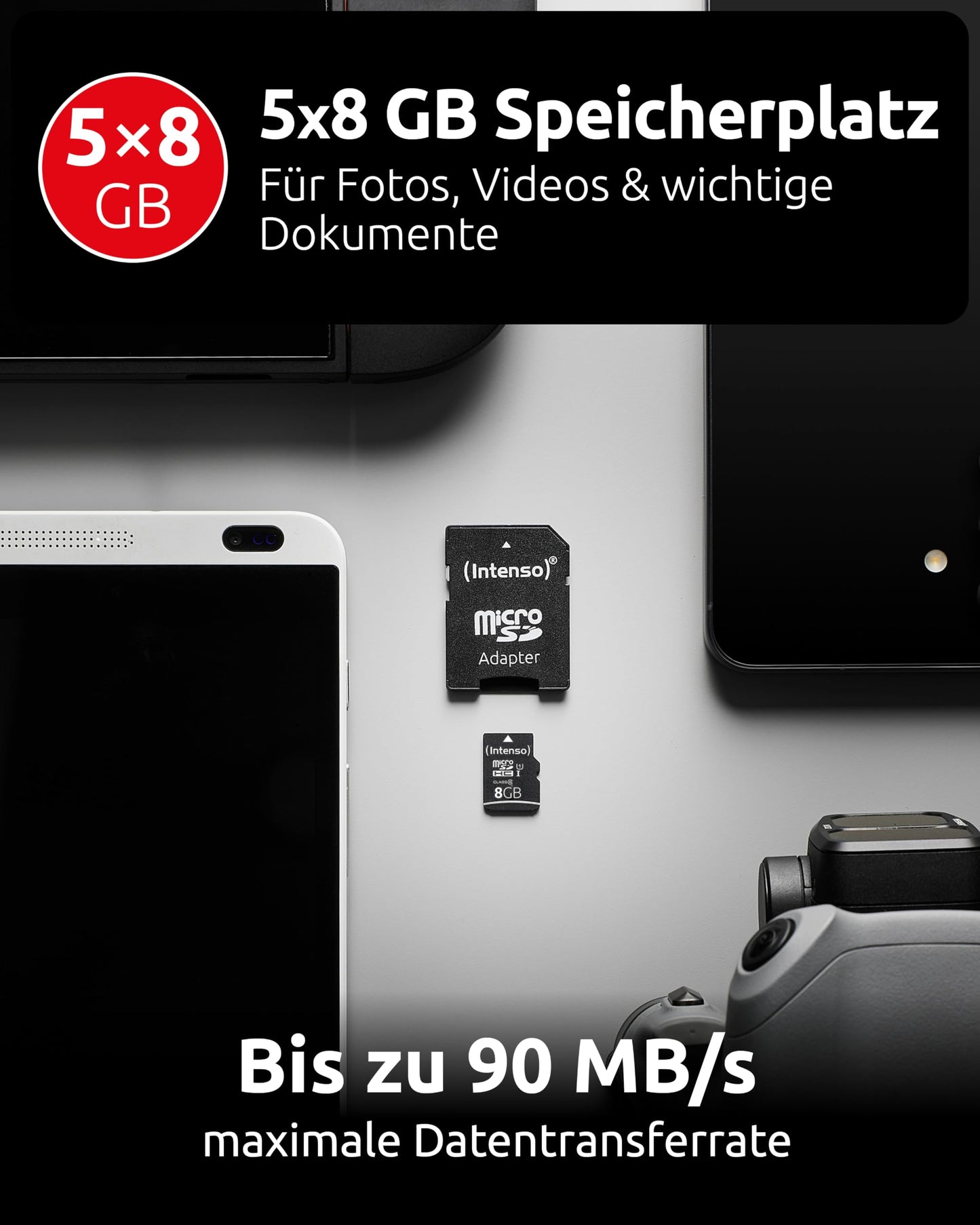 Intenso microSD card Premium Multipack, 5X 8GB, Micro SDHC, for smartphone, tablet, camera, PC and game console, waterproof, X-ray-proof, temperature-proof, drop-proof, up to 90 MB/s - 3423565