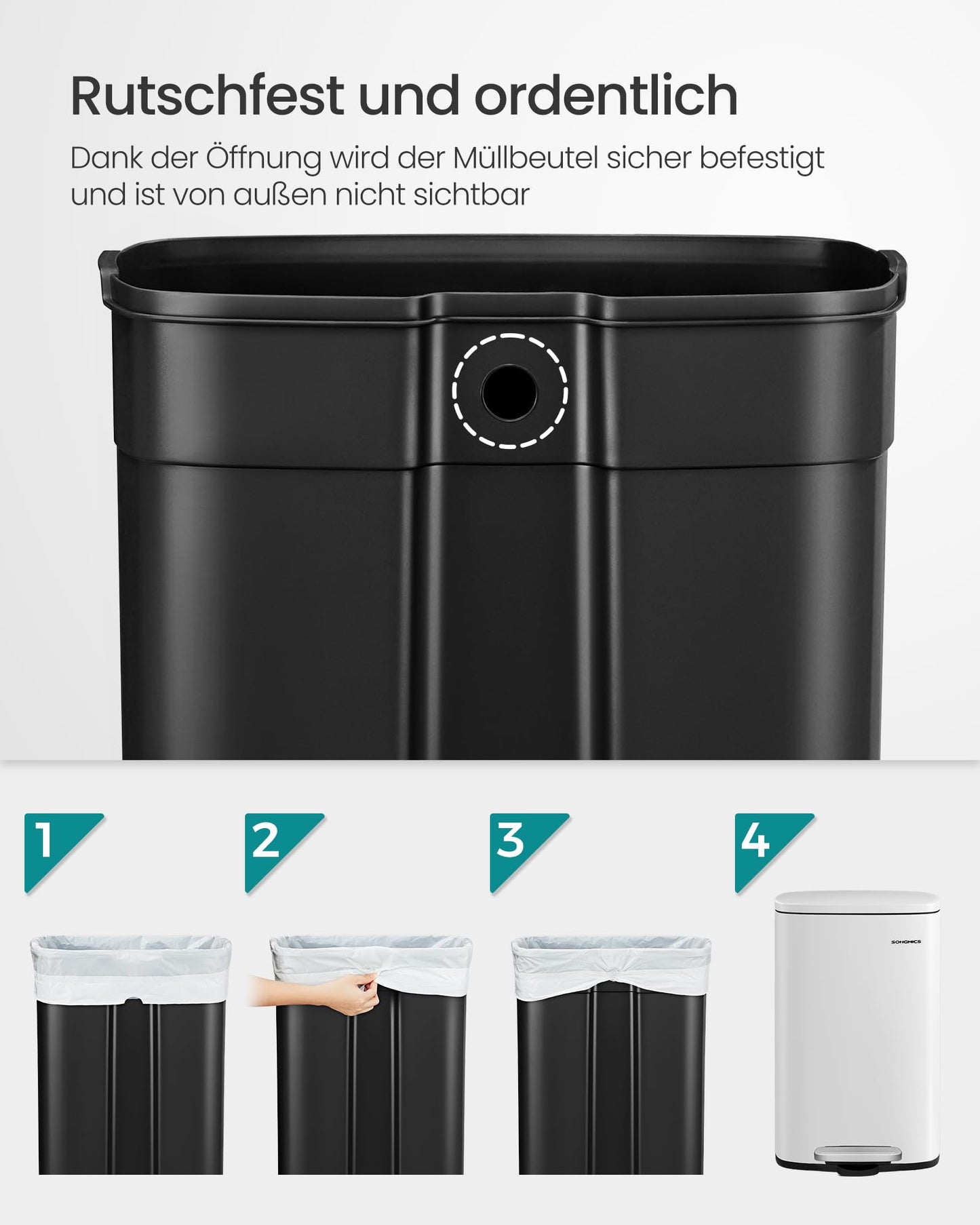 SONGMICS kitchen rubbish bin, 50 liters, waste bin, pedal bin, with lid, soft close, foot pedal, steel, inner bin, white LTB101W01