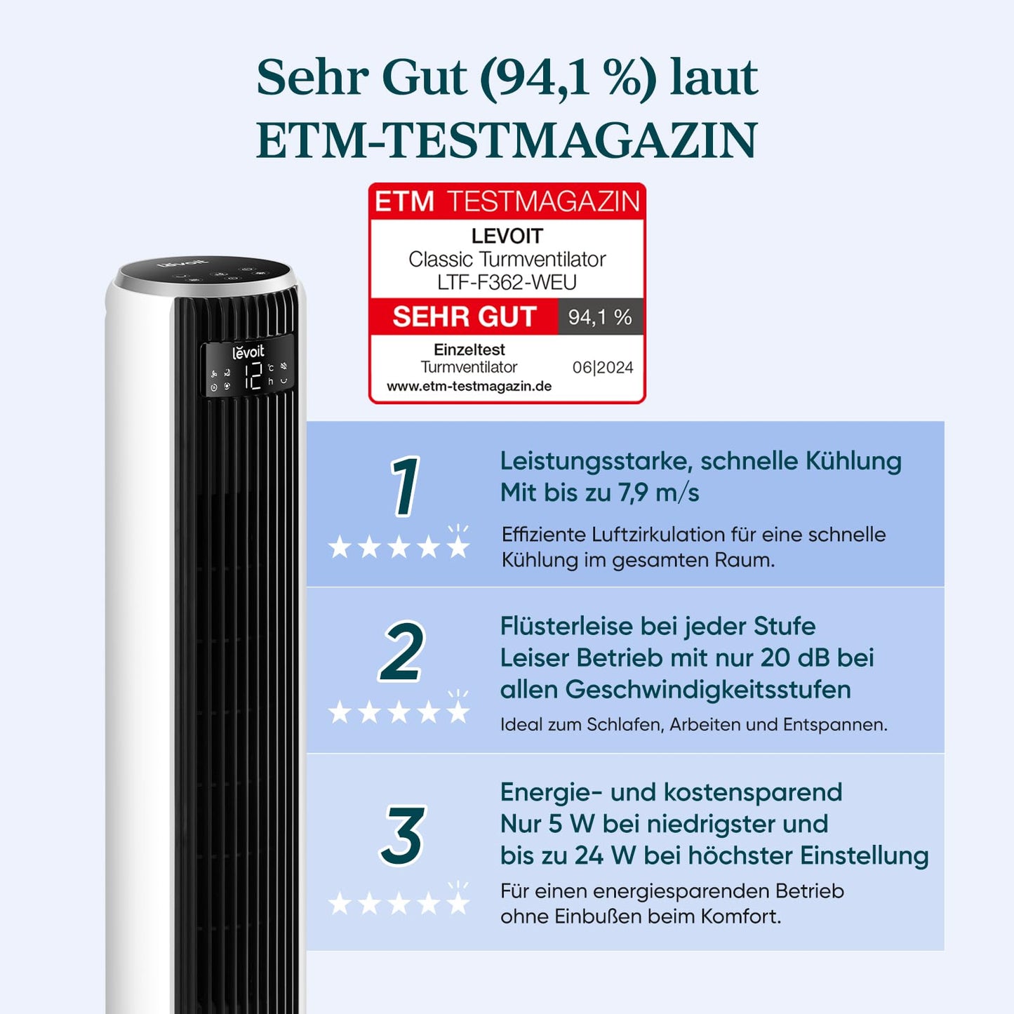 Levoit - DC motor tower fan - 20dB very quiet fan - 4 modes/12 levels/12 hour timer - remote control & cooling - tower fan with 7.9m/s speed - 24W pedestal fan - white, 92 cm - LTF-F362-WEU