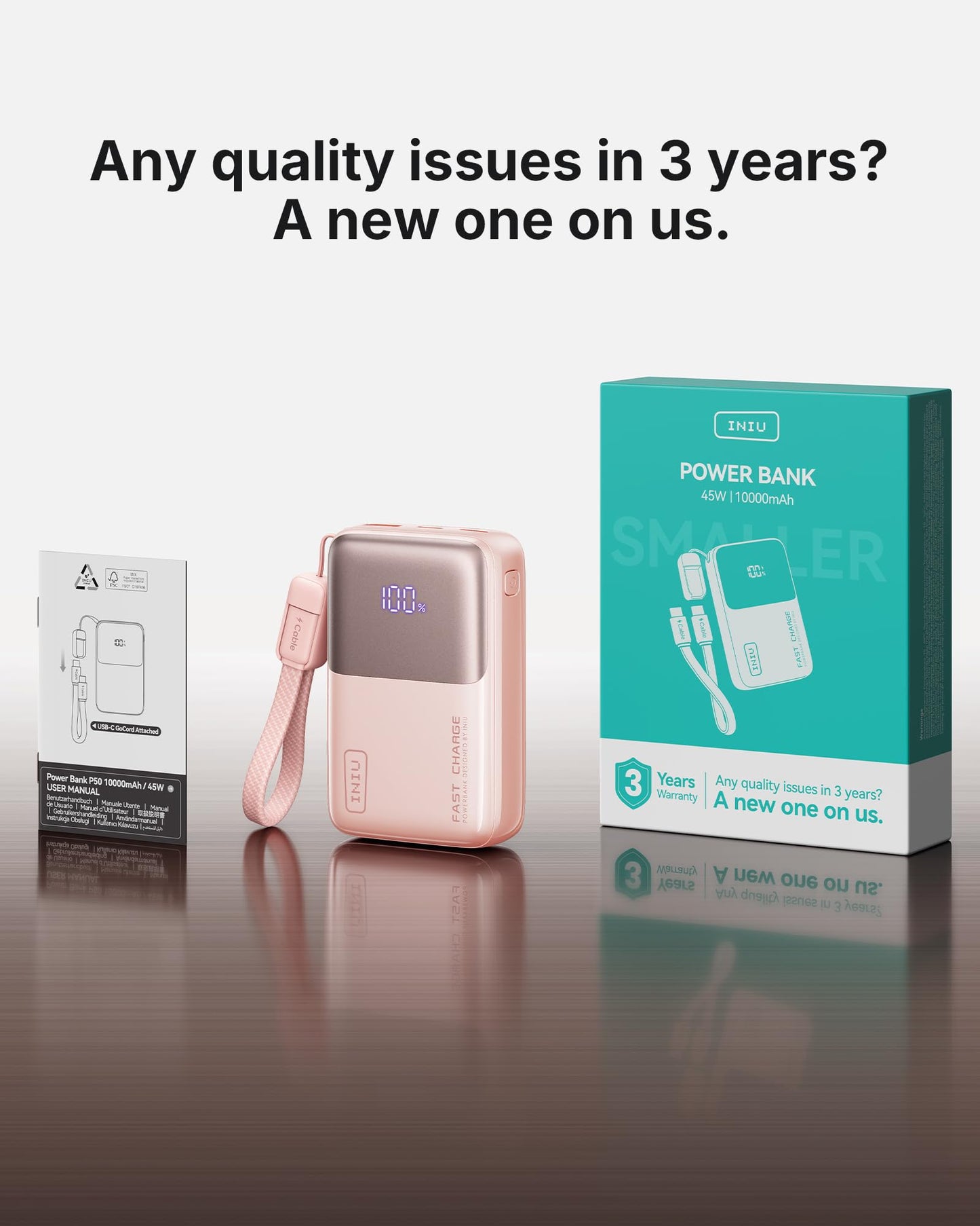 INIU Mini Power Bank, 45W 10000mAh Power Bank Small But Strong (USB C In & Out), Quick Charge Function PD3.0 External Mobile Phone Batteries, Compatible with iPhone 17 16 15 Pro Max Mini Samsung S24, Soft Pink - P50