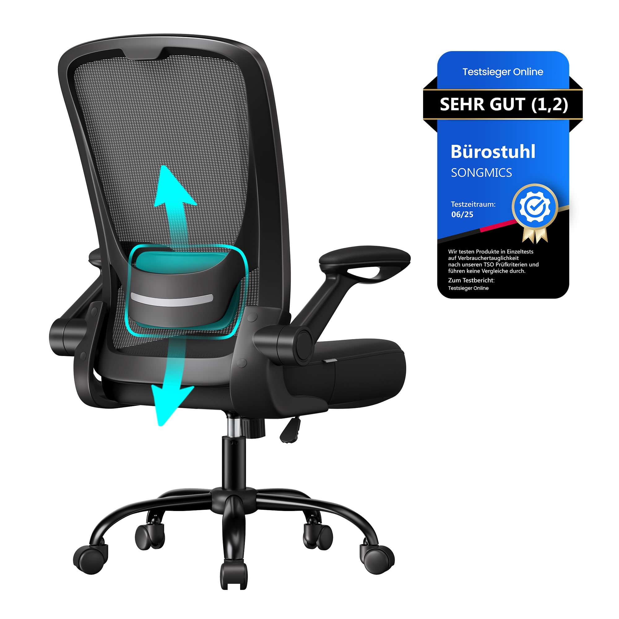 SONGMICS ergonomic office chair, swivel chair with mesh, lumbar and headrest, rocker function, 53 cm seat, folding armrests, study and bedroom, students, black OBN37BK