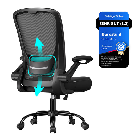 SONGMICS ergonomic office chair, swivel chair with mesh, lumbar and headrest, rocker function, 53 cm seat, folding armrests, study and bedroom, students, black OBN37BK