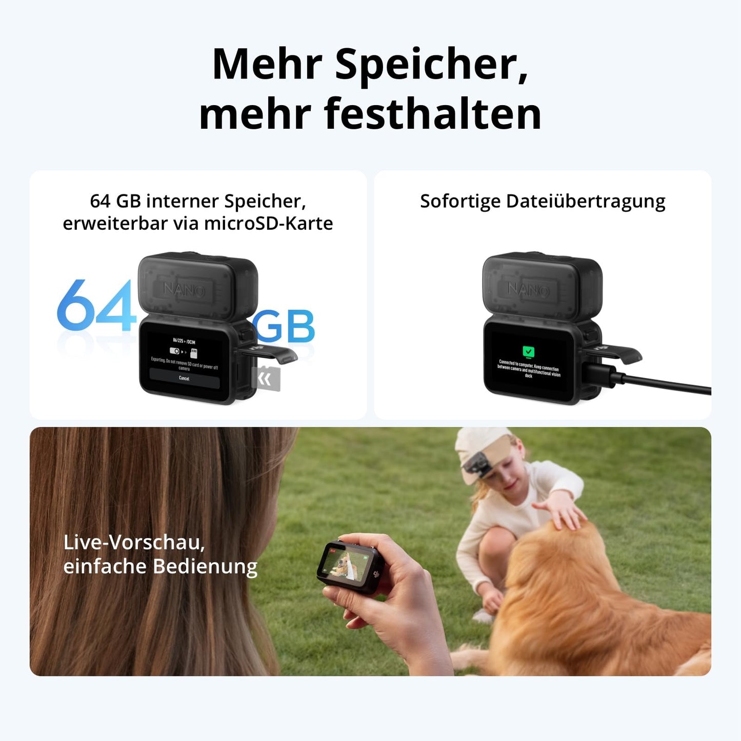 DJI Osmo Nano Standard Combo (64GB) - 4K/60fps small vlogging camera with 1/1.3″ sensor, 143° wide-angle video, 200 min recording time, fast data transfer, POV camera 4K for sports, vlog - OW001
