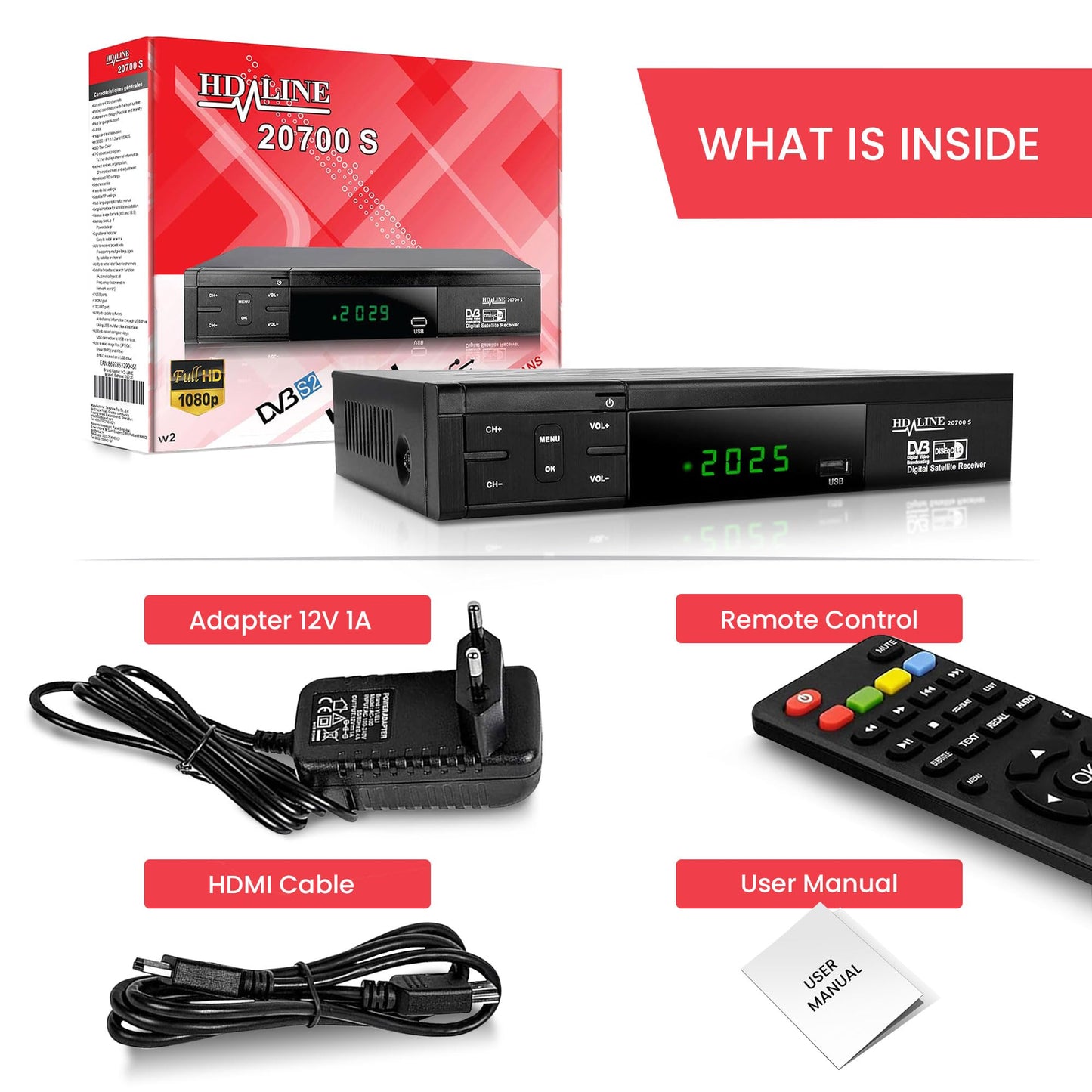 Hd-line 20700 HD Sat Receiver Satellite DVB S2 HD Receiver for SAT Digital Satellite SAT Receiver (DVB-S/S2, HDMI, SCART, 2X USB 2.0, Full HD 1080p) (Pre-programmed for Astra Hotbird and Türksat)