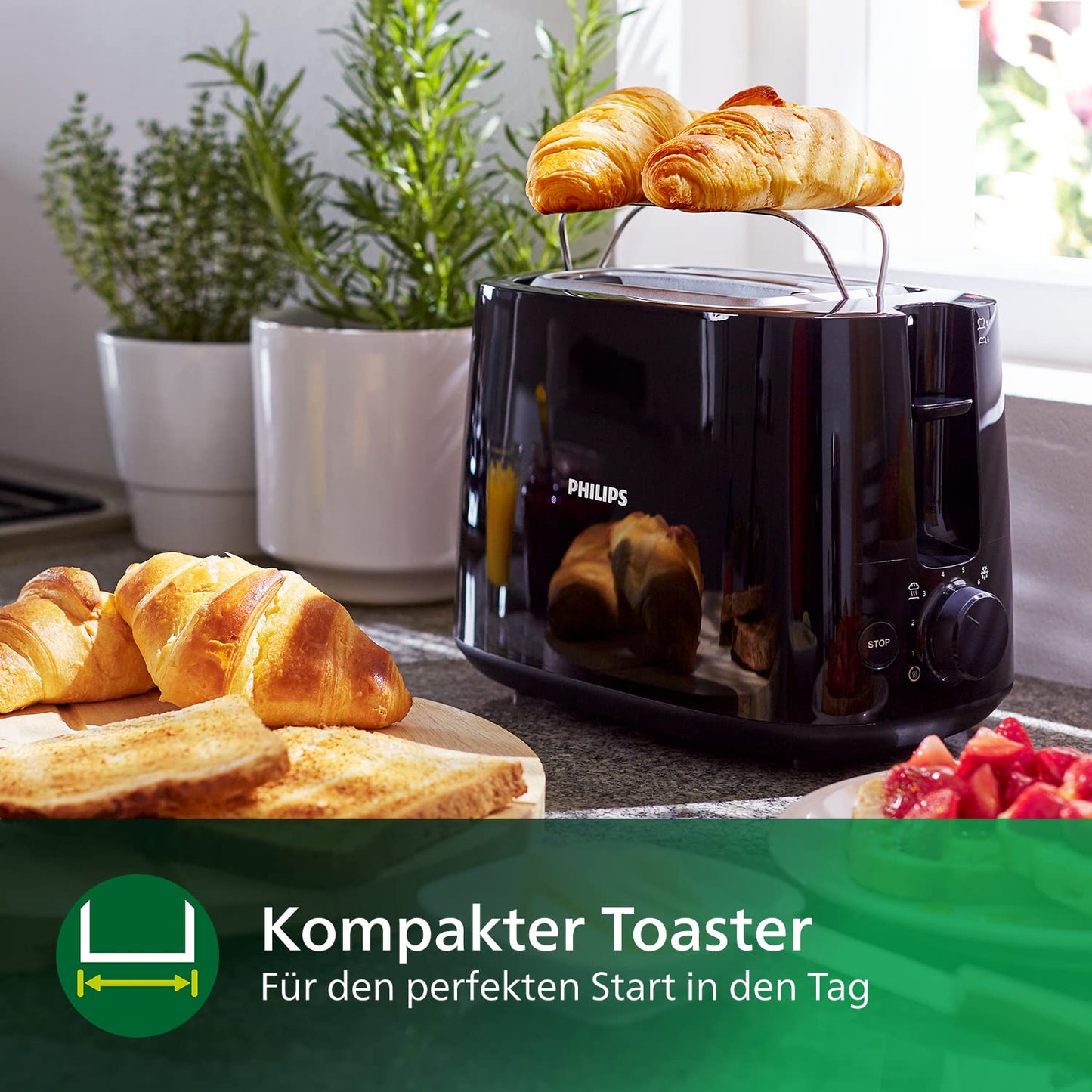 Philips toaster - 2 toast slots, 8 levels, bun attachment, defrost function, lift function, automatic switch-off, black (HD2581/90)