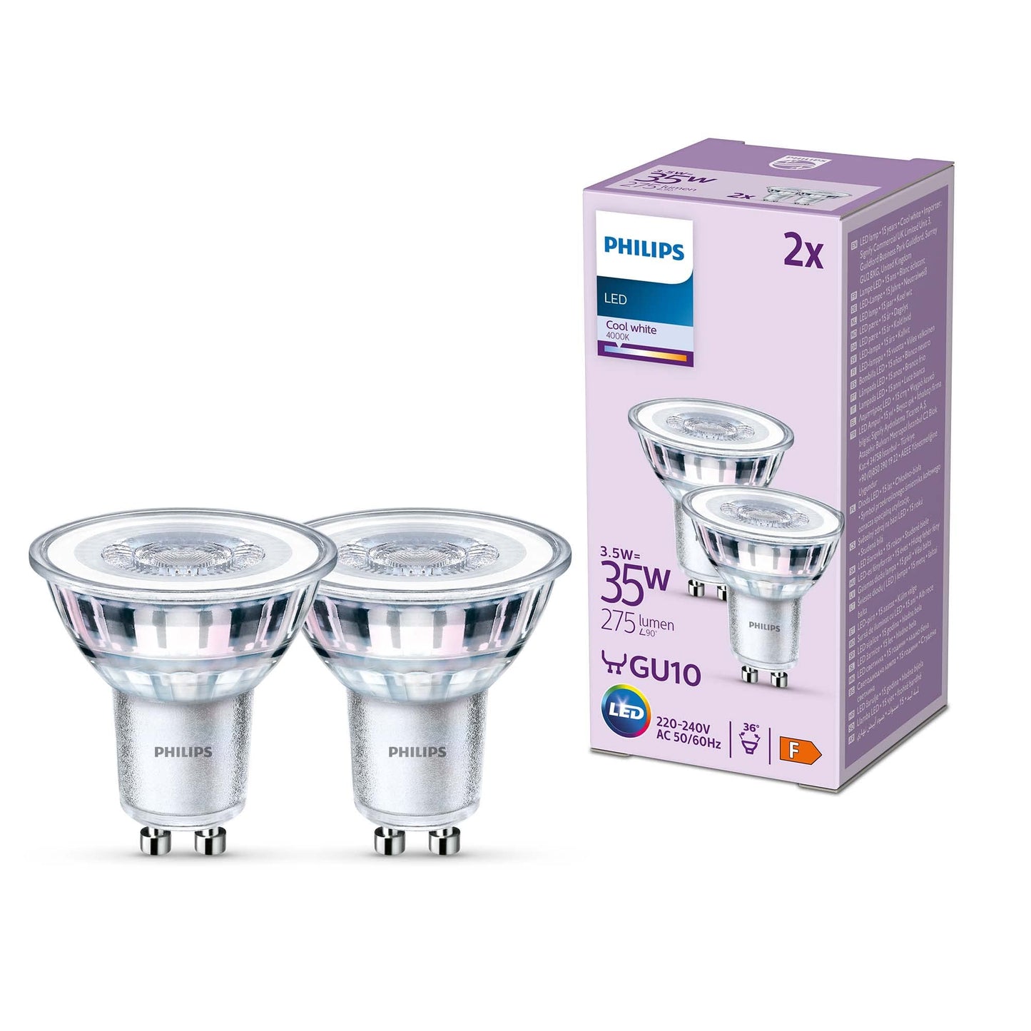 Philips Classic LED GU10 lamp, 35W, clear, neutral white, not dimmable, double pack, cool white - 929001218092