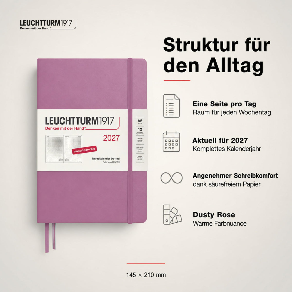LEUCHTTURM1917 Daily Calendar 2027 Dotted Medium (A5) - German, Dusty Rose, 145 x 210 mm, January-December (12 months), 1 page per day, hourly grid 7:00-22:00, hardcover, 80 g/m² paper - 400167