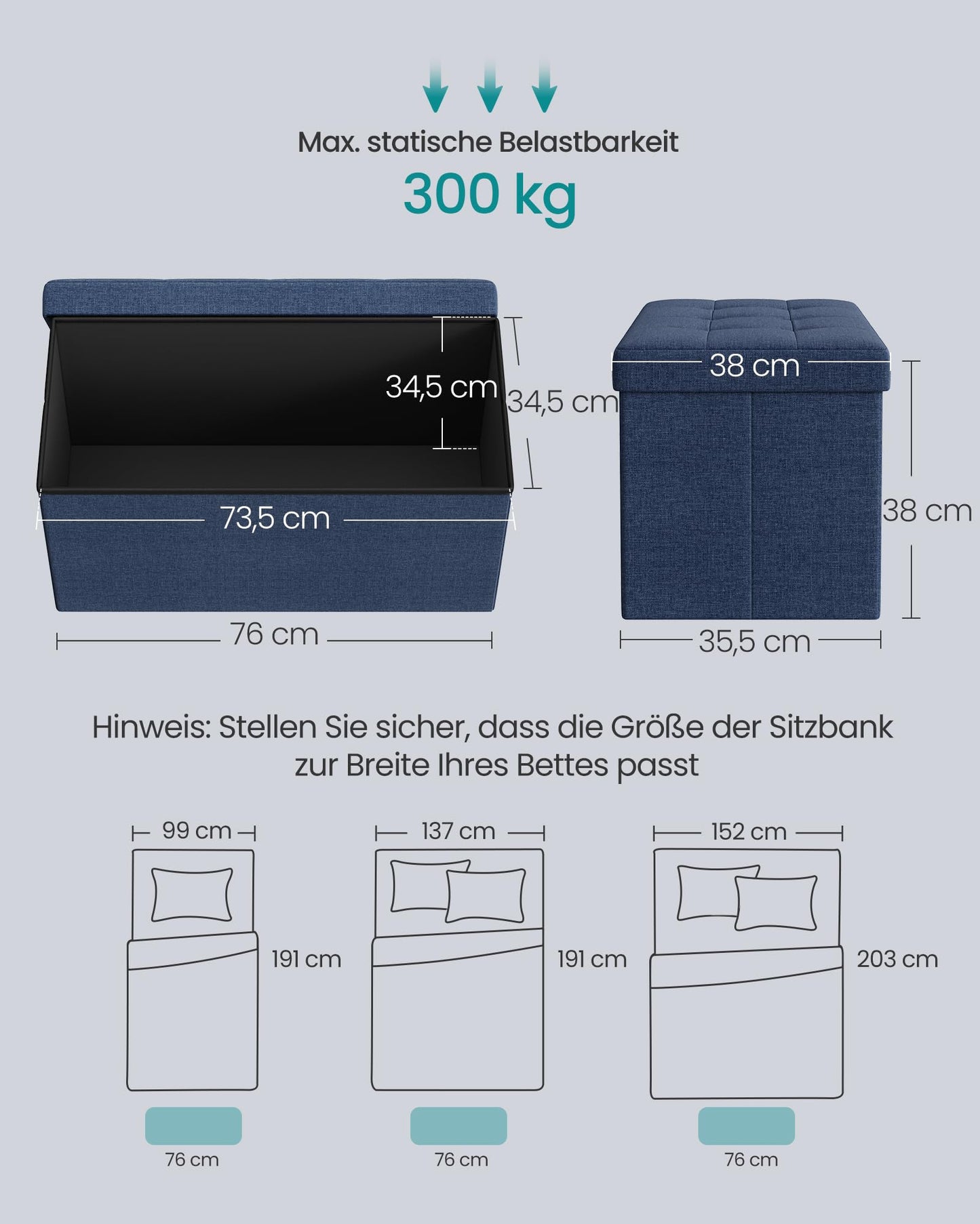 SONGMICS Stool with storage space, folding bench, 38 x 76 x 38 cm footstool, storage box, load capacity up to 300 kg, for living room, bedroom, hallway, midnight blue LSF47IN - SUPTMAX