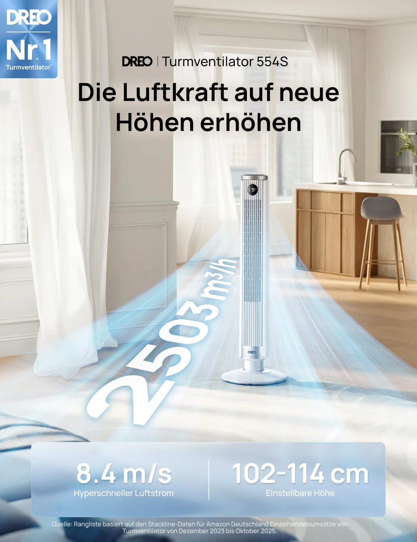 DREO Smart 102-114cm tower fan for bedroom, height adjustable, 8.4m/s, DC motor, 9 levels, 4 modes, 90° oscillation, pedestal fan, 20dB quiet, 12H timer for home and office, Google/Alexa - DR-HTF024S