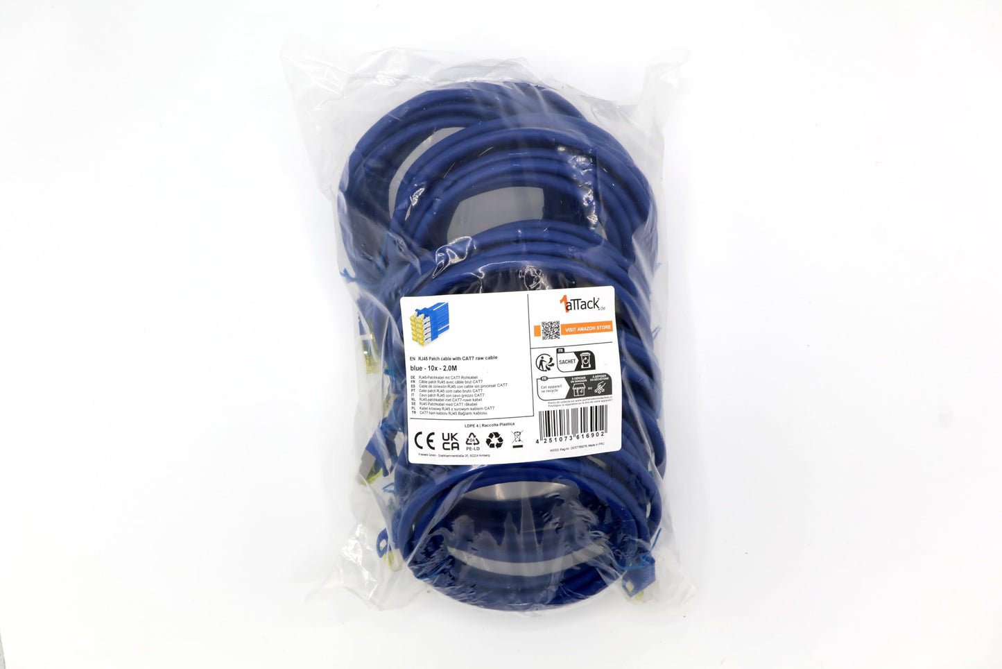 1aTTack.de Cat.7 network cable 2m blue pack of 10 Cat7 Ethernet cable network LAN cable raw cable 10 Gb s SFTP PIMF LSZH set patch cable with Rj 45 plug Cat.6a - 4251073616902