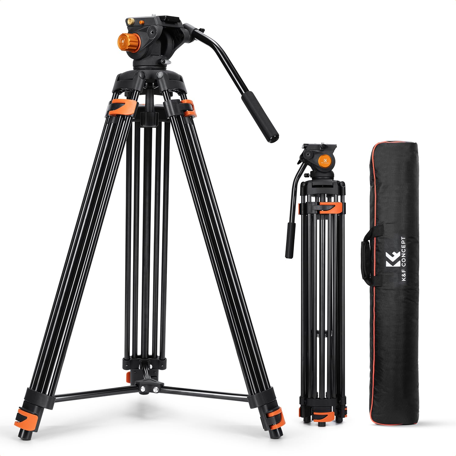 K&F CONCEPT Black-Orange Aluminum 202cm Video Tripod, Heavy Duty Tripod with Fluid Head and Quick Release Plate, Camera Tripod for DSLR, Camcorders, Cameras, Load Capacity 8kg - VA3+BV70