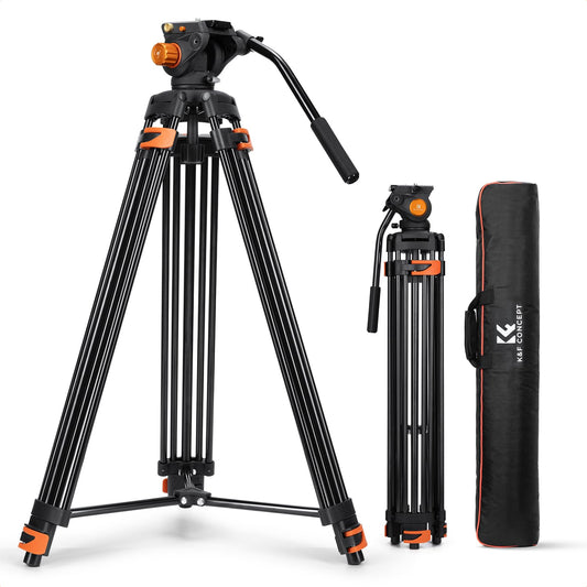 K&F CONCEPT Black-Orange Aluminum 202cm Video Tripod, Heavy Duty Tripod with Fluid Head and Quick Release Plate, Camera Tripod for DSLR, Camcorders, Cameras, Load Capacity 8kg - VA3+BV70