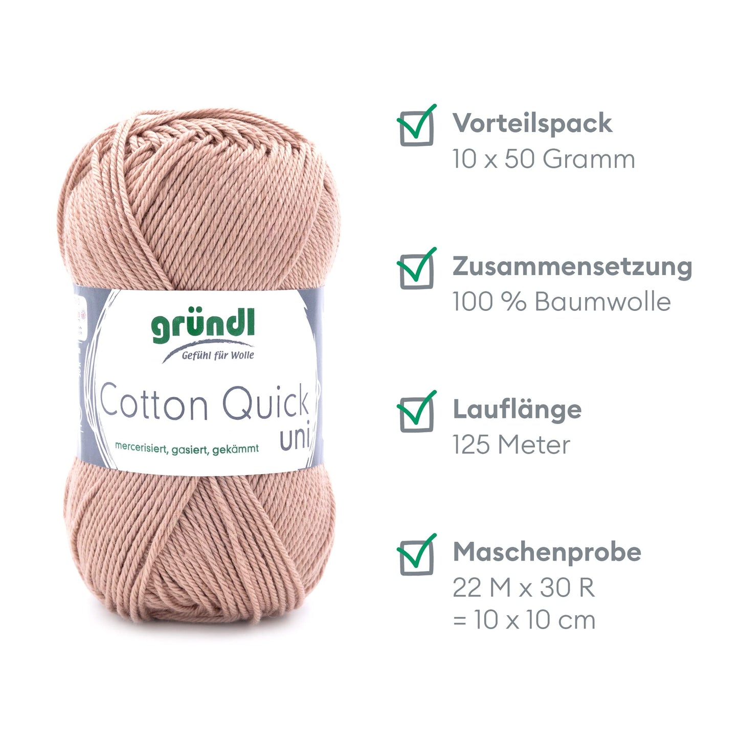 Gründl Wolle Cotton Quick uni - thin wool for crocheting - knitting yarn - crochet yarn - shiny and skin-friendly - 100% cotton - 10 balls 50 g / 125 m - needle size 3-4 - beige - 865-139