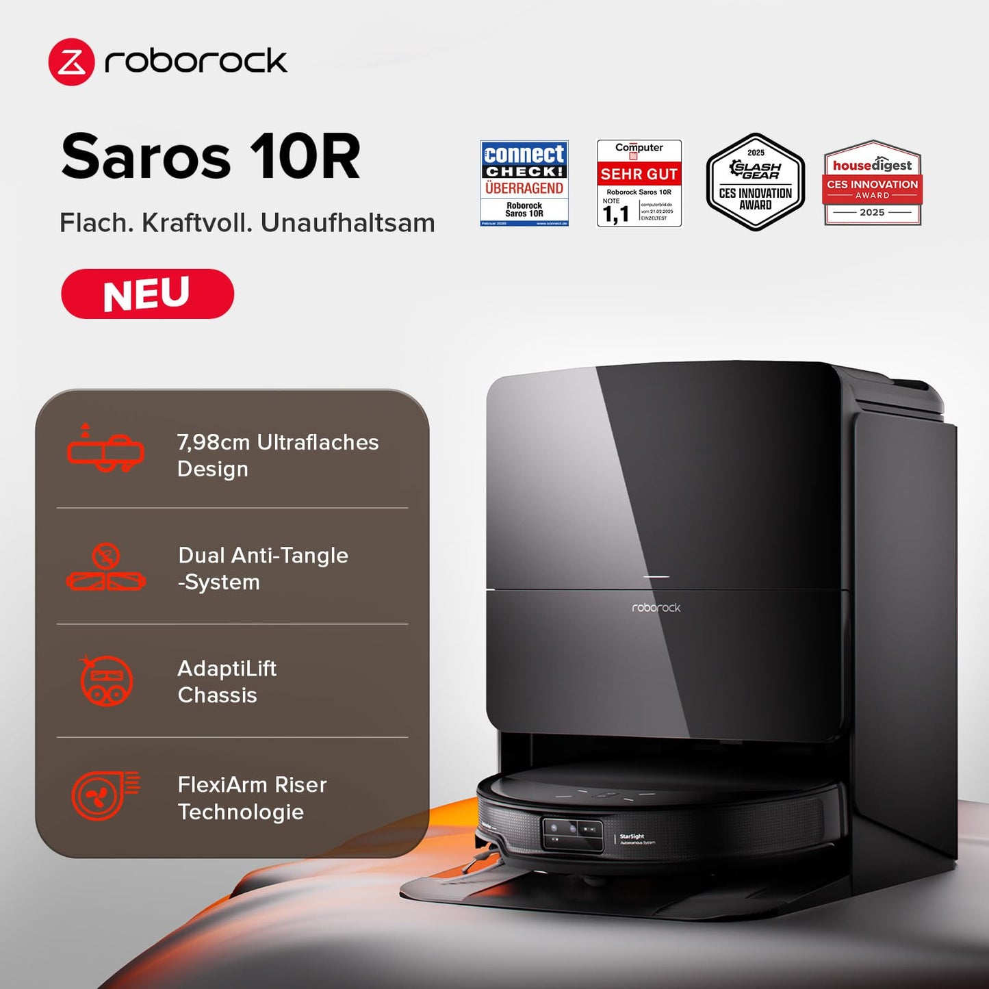 roborock Saros 10R set vacuum robot with wiping function and adjustable mop, 22,000 Pa HyperForce suction power, 7.98 cm ultra-slim design, StarSight System 2.0, Zero-Tangle System (with 2 mops)